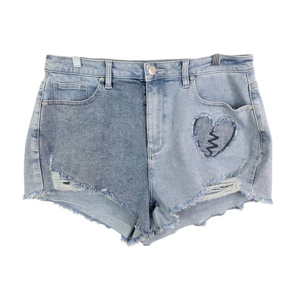 Womens Rue+ Blue Denim Shorts Distressed Heart Appliques Frayed Hem Hi Rise 14 - Picture 1 of 10